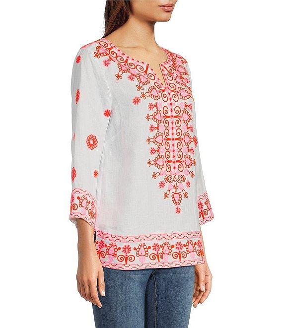 John Mark Embroidered Medallion Motif Split V-Neck 3/4 Sleeve Hi-Low Hem Tunic Product Image