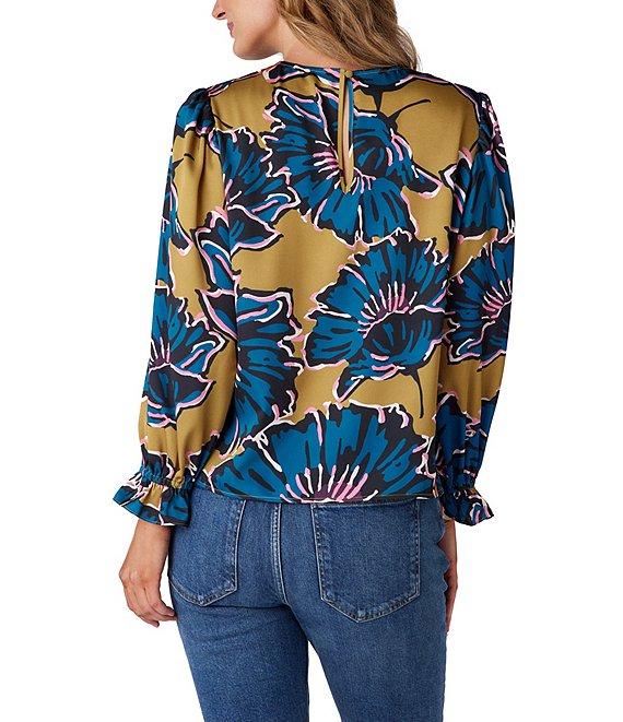 CROSBY by Mollie Burch James Crepe de Chine Floral Jewel Neck Long Balloon Sleeve Ruffle Cuff Back Keyhole Blouse Product Image