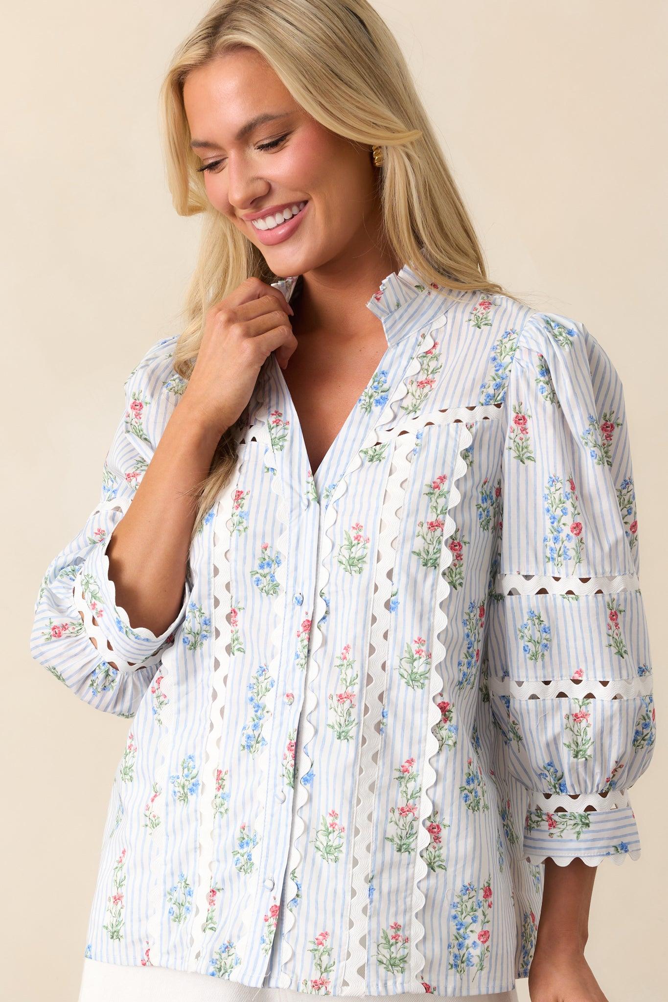 For Keeps Light Blue Stripe Floral Cotton Button Front Top Product Image