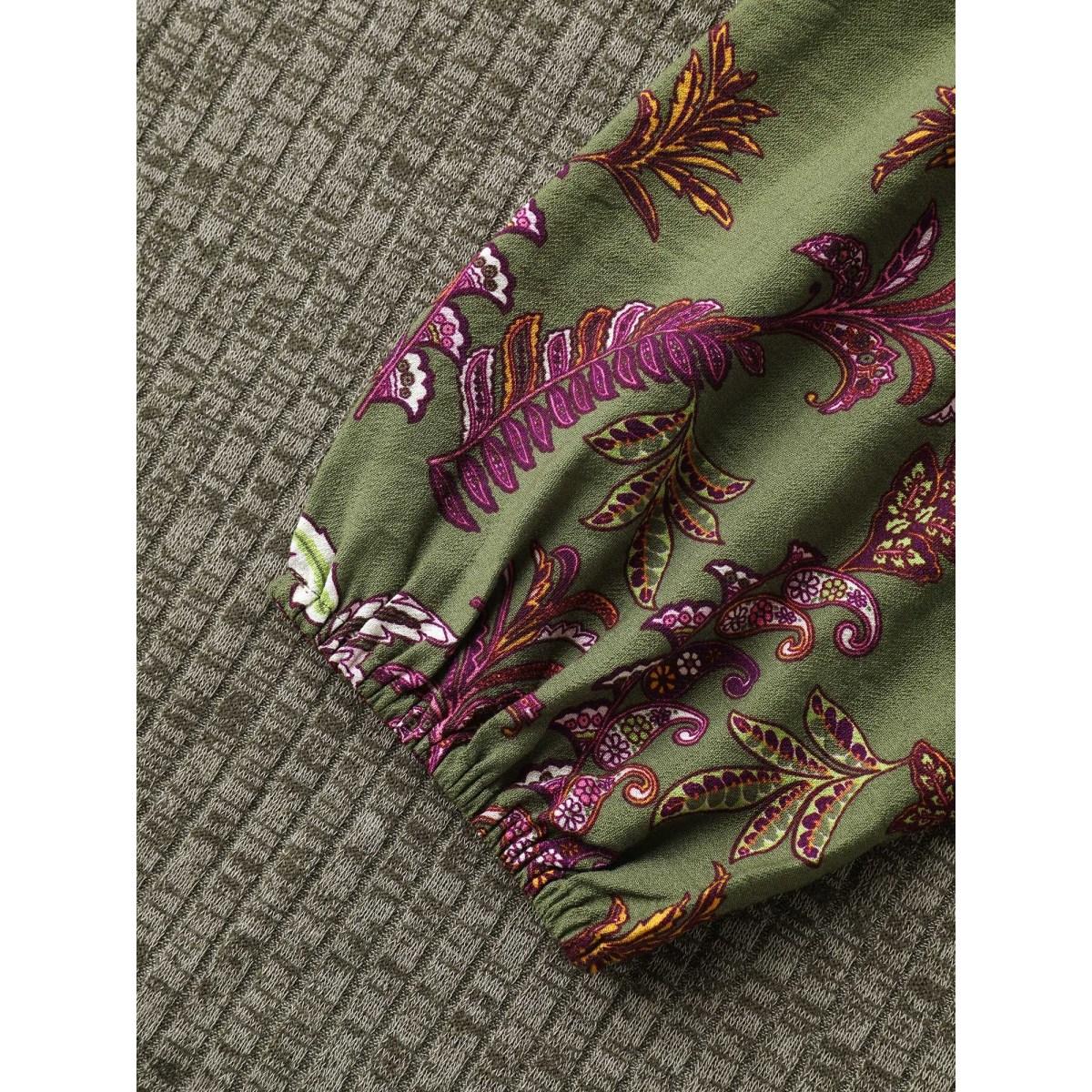 Plus Size Plaid Sleeve Color Contrast Textured Sweatshirt Women ArmyGreen Leisure Texture Round Neck Casual Sweatshirts BloomChic 12/L Product Image