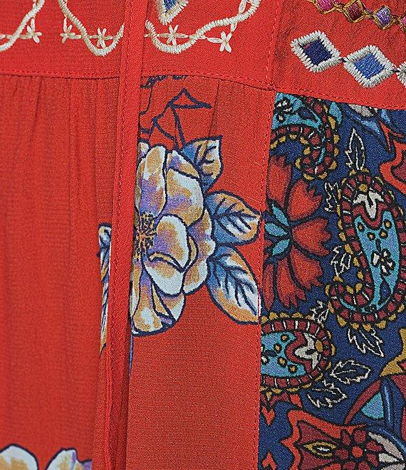 John Mark Embroidered Tie Front V-Neck 3/4 Sleeve Tunic Product Image