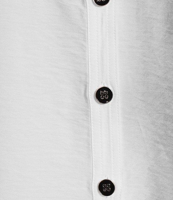 Multiples Solid Crinkle Wire Collar 3/4 Embroidered Flounce Sleeve Hi-Low Hem Fitted Woven Shirt Product Image