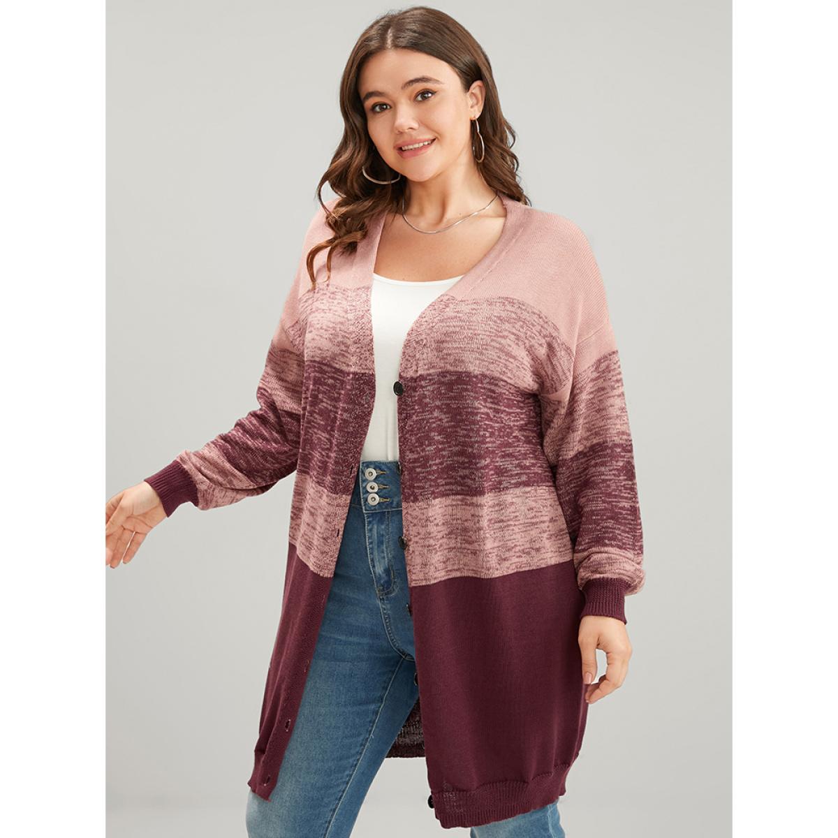 Plus Size Colorblock Contrast Pointelle Knit Button Front Heather Cardigan RedViolet Women Casual Loose Long Sleeve Dailywear Cardigans BloomChic 28/5X Product Image