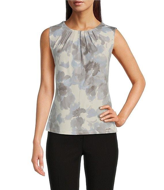 Calvin Klein Floral Printed Matte Jersey Crew Neck Pleated Cami Product Image