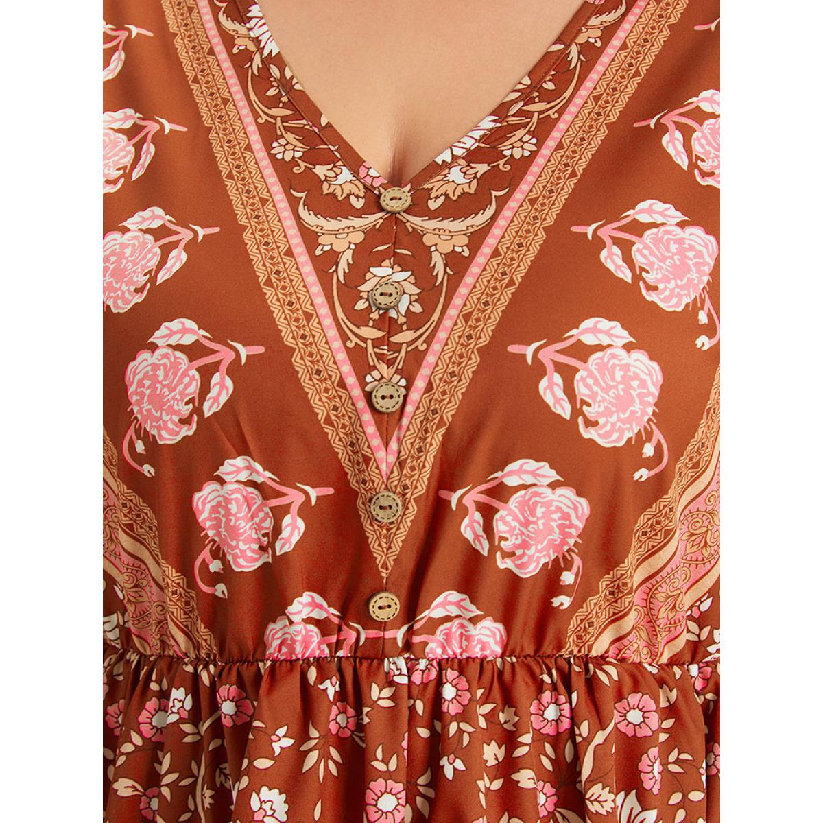 Plus Size Floral Print Elastic Cuffs Button Detail Dress Rust Women Vacation Elastic cuffs V-neck Half Sleeve Curvy Midi Dress BloomChic 30/6X Product Image