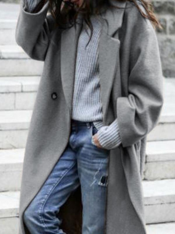 Solid Woolen Lapel Neck Long Jacket Product Image