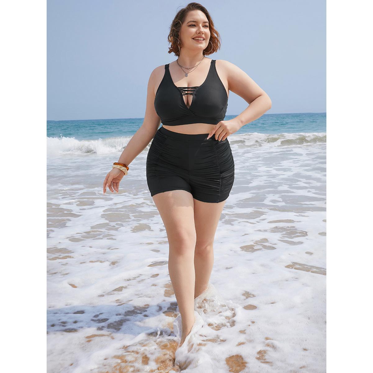 Plus Size Solid High Waist Ruched Detail Swim Shorts Women's Swimwear Black Beach Gathered High stretch Skinny High Rise Curve Swim Bottoms BloomChic 26/4X Product Image