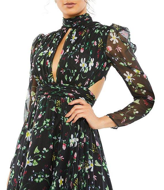 Mac Duggal Floral Print High Neck Keyhole Lace Up Gown Product Image