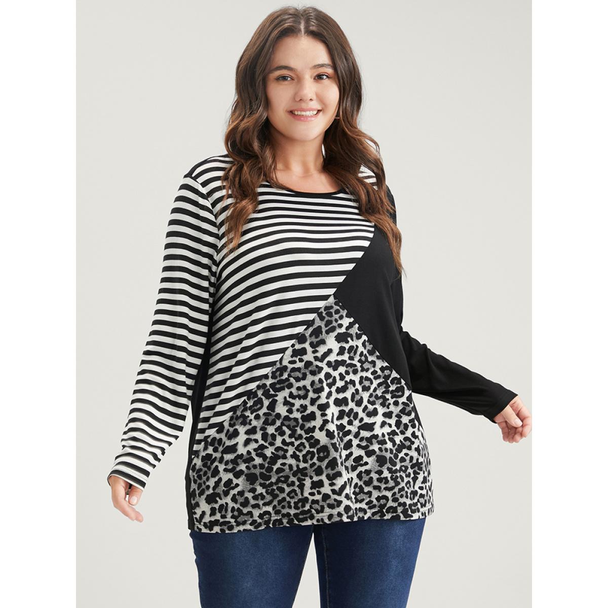 Plus Size Leopard Striped Contrast Round Neck Long Tee Black Women Casual Patchwork Leopard Round Neck Dailywear T-shirts BloomChic 12/L Product Image