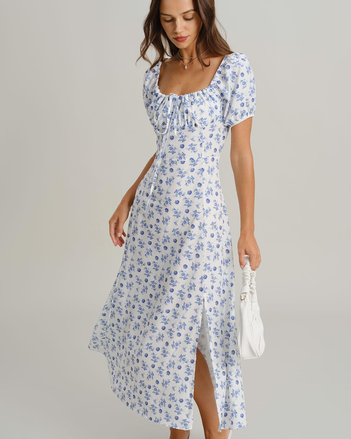 Blue Floral Square Neck Ruched Midi Dress Product Image