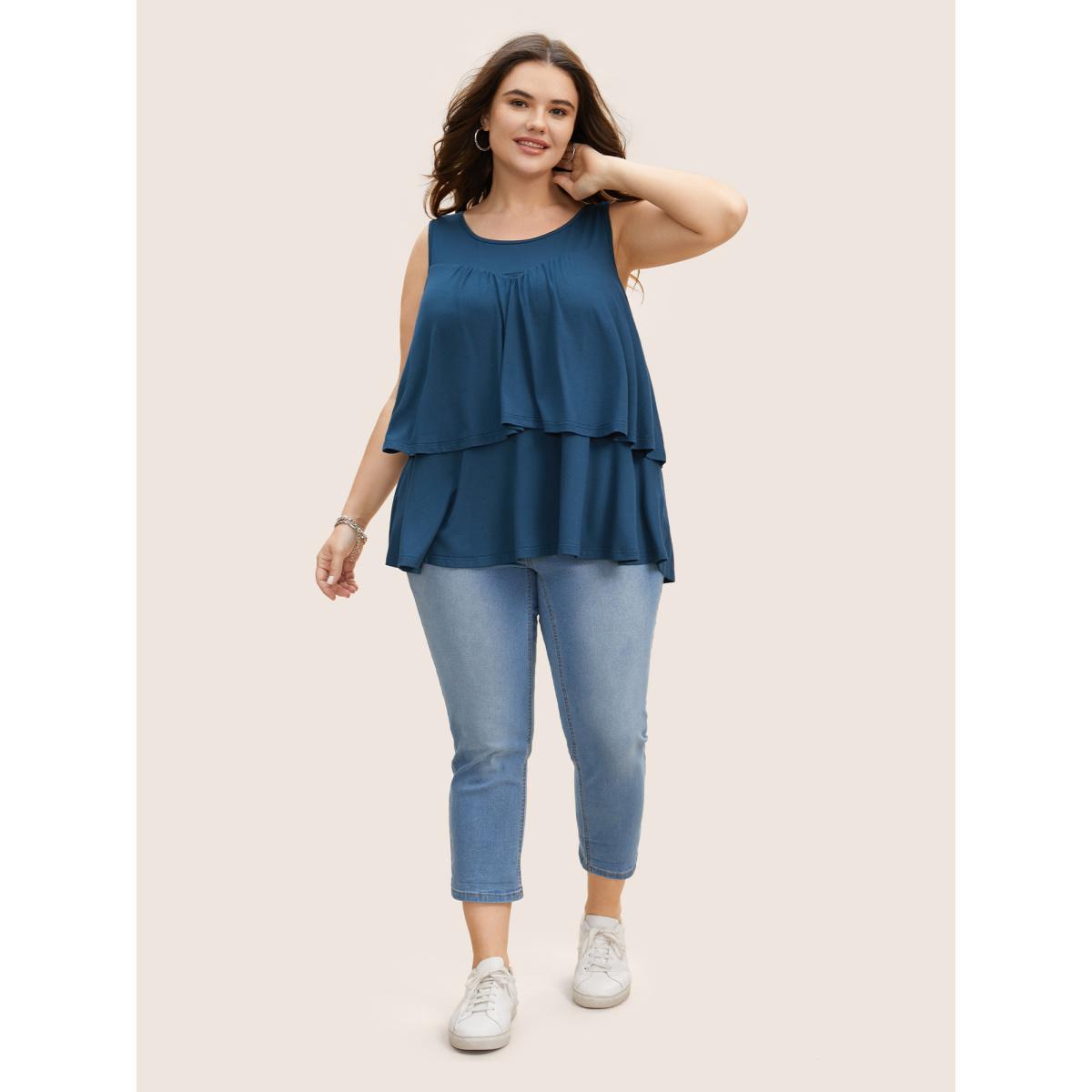 Plus Size Plain Round Neck Tiered Ruffles Tank Top Women Indigo Casual Tiered Round Neck Everyday Tank Tops Camis BloomChic 10/M Product Image