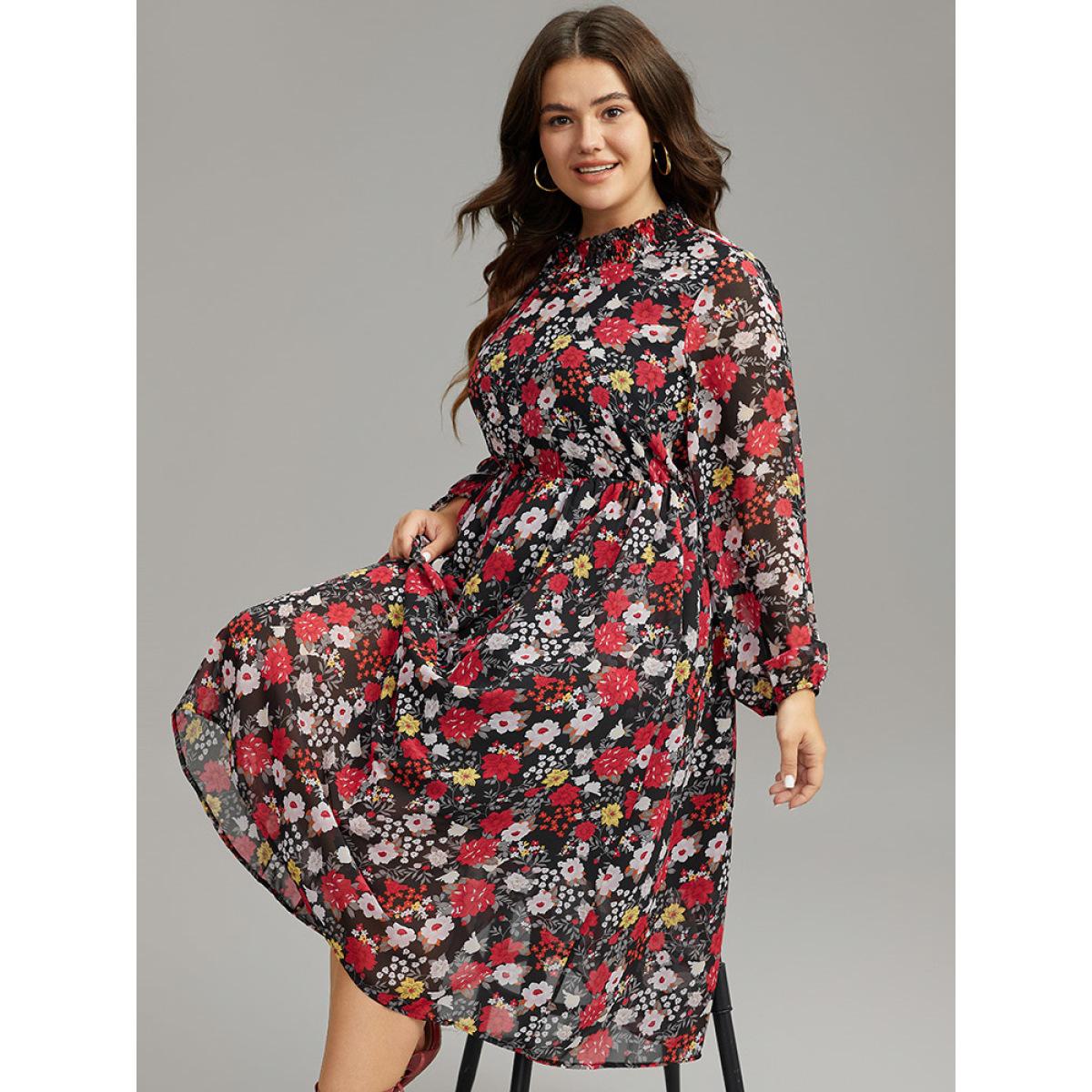 Plus Size Chiffon Floral Print Shirred Elastic Cuffs Dress Black Women Elegant Elastic cuffs Mock Neck Long Sleeve Curvy Midi Dress BloomChic 22-24/3X Product Image