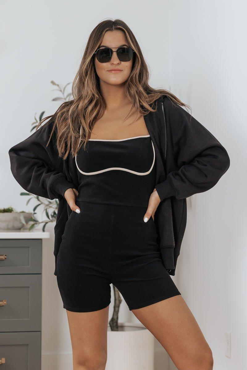 Black Contrast Ribbed Romper - DOORBUSTER Product Image