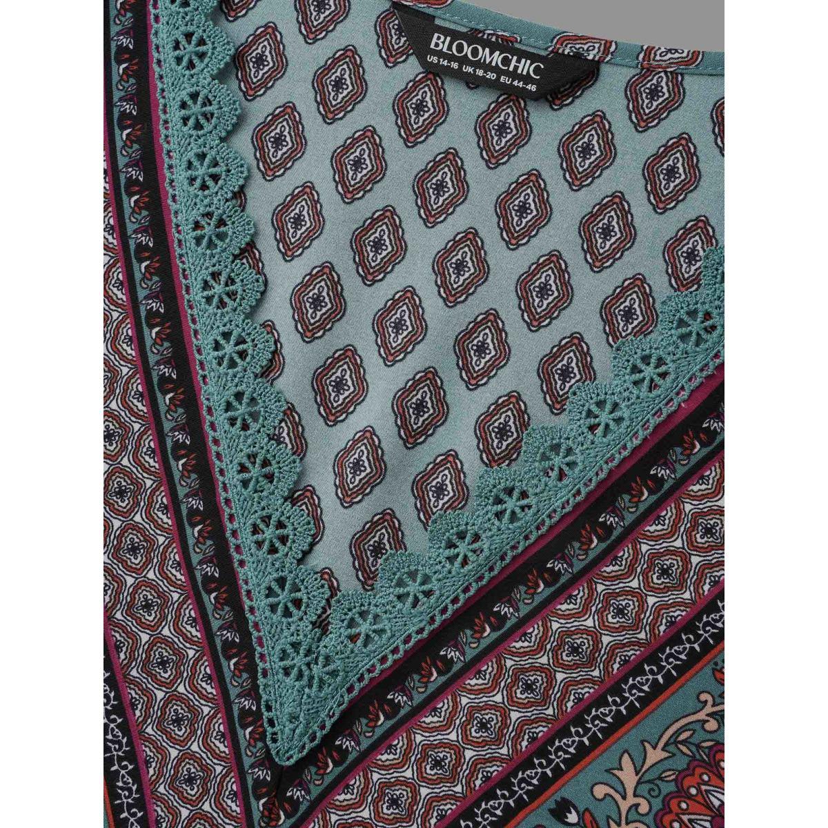 Plus Size DarkSlateGray Boho Print Lace Trim V-Neck Ruffle Sleeve Blouse Women Resort Long Sleeve V-neck Vacation Blouses BloomChic 28/5X Product Image