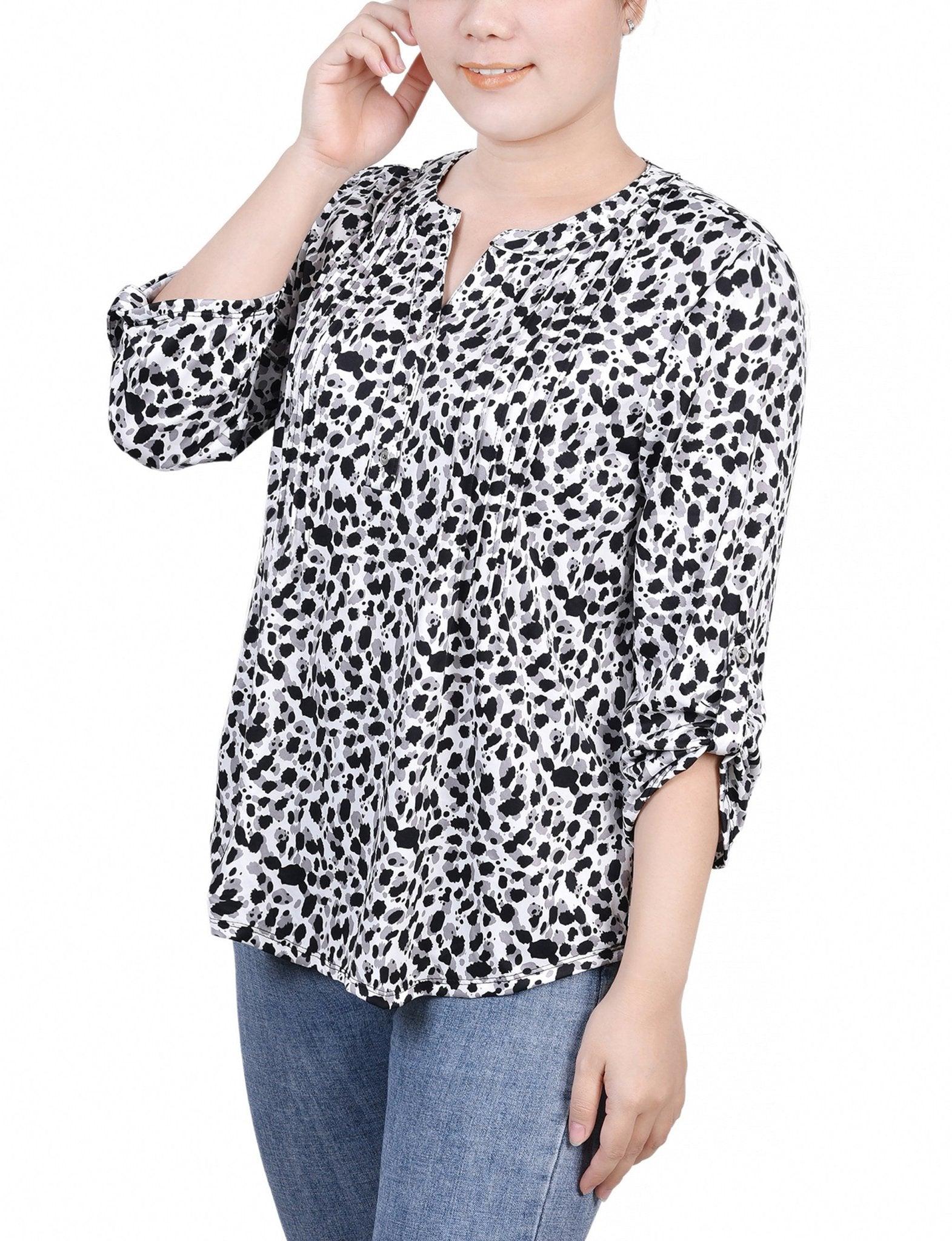 Grey Black Animal 3/4 Roll Tab Sleeve Y Neck Top - Petite Product Image