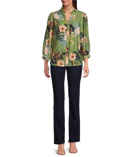 Calessa Petite Size Floral Split V-Neck 3/4 Sleeve Button Front Tunic Product Image