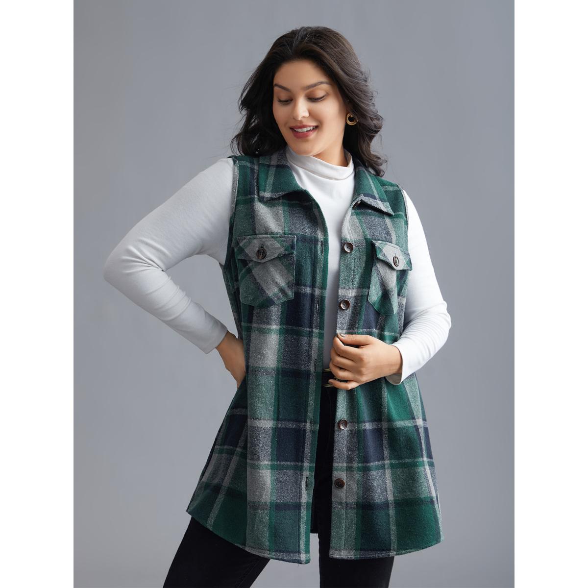 Plus Size Plaid Flap Detail Sleeveless Jacket Women DarkGreen Button Side seam pocket Casual Jackets BloomChic 28/5X Product Image