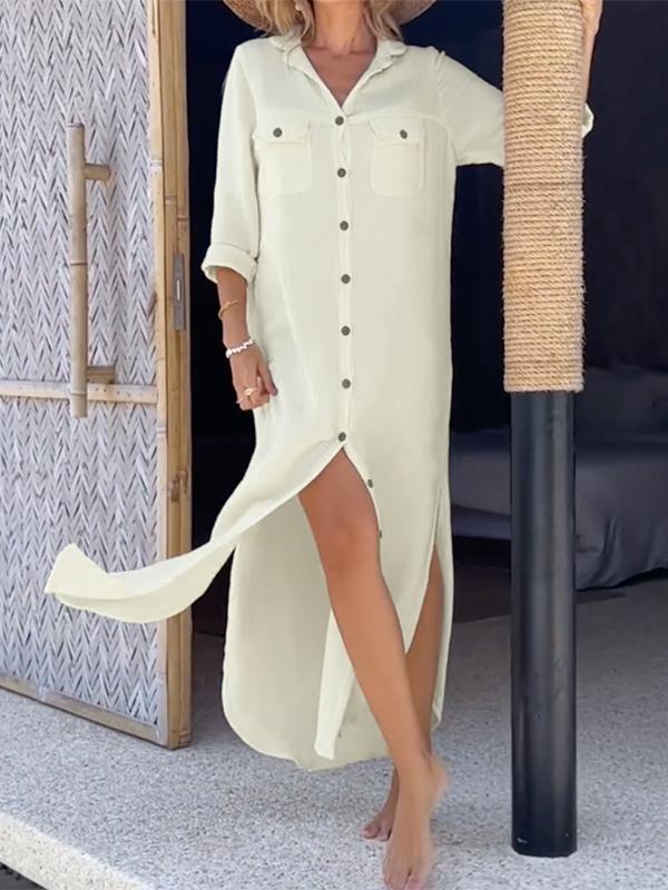 Long Sleeves Loose Buttoned Pockets Split-Side Lapel Maxi Dresses Shirt Dress Product Image