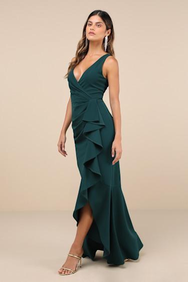 Pure Loveliness Emerald Pleated Ruffled High-Low Maxi Dress Product Image