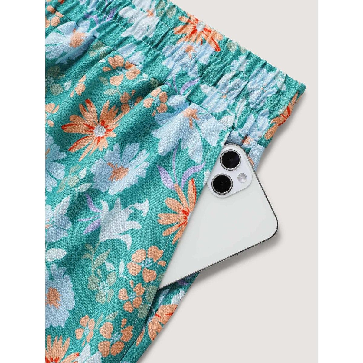 Plus Size Breezy Floral Print Wide-Leg Pants Women Turquoise Elegant Wide Leg Mid Rise Everyday-Elegant Pants BloomChic 28/5X Product Image