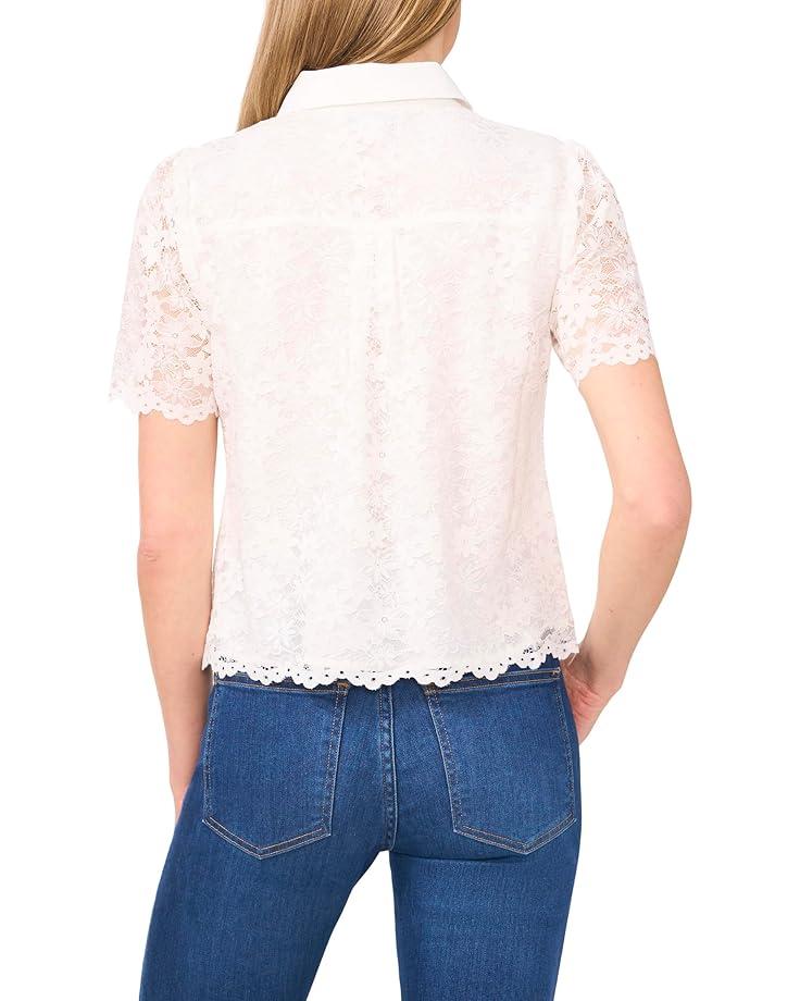 Short Sleeve Button Front Lace Trim Top Product Image