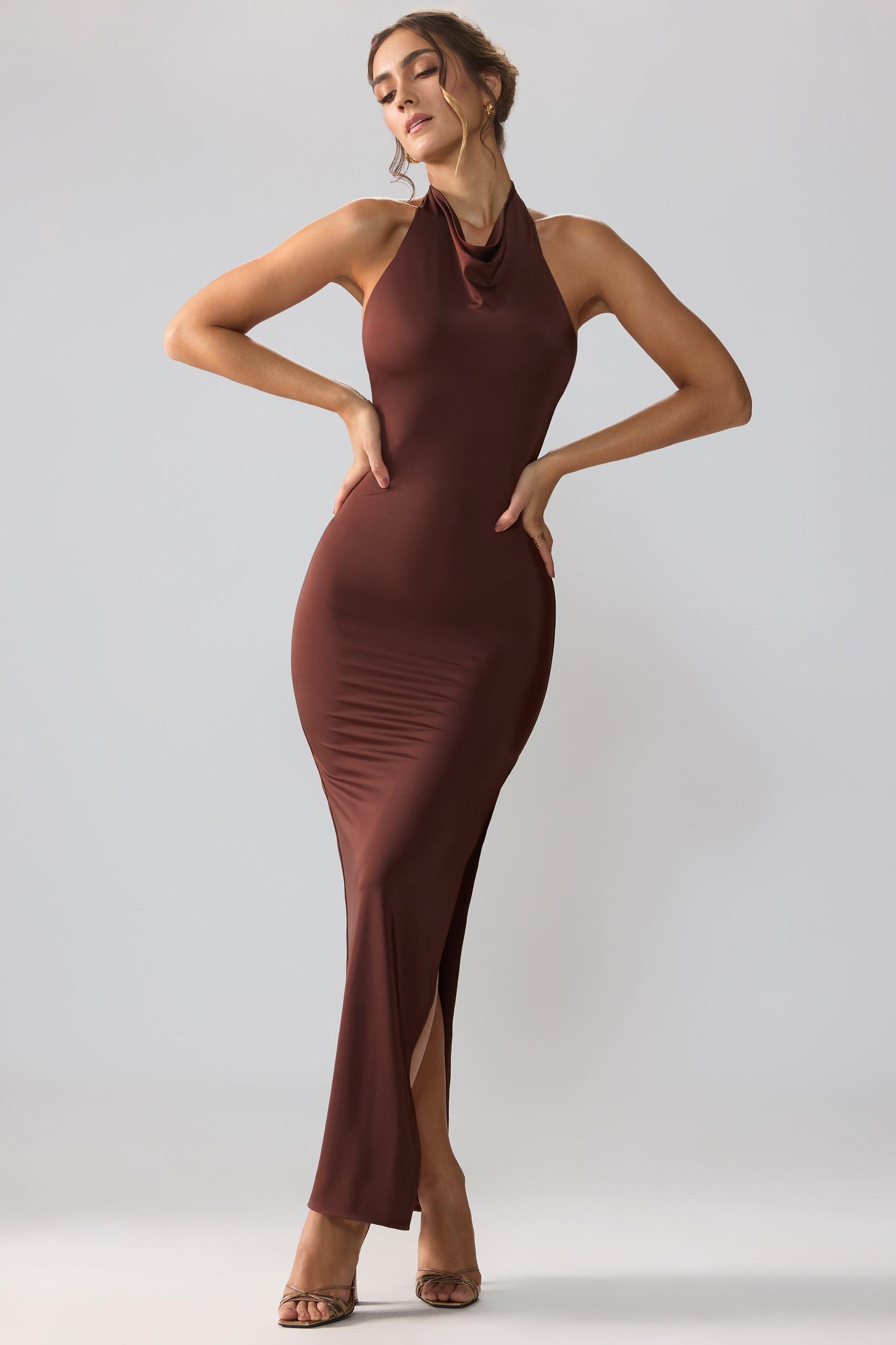 Premium Jersey Cowl Neck Backless Maxi Dress in Espresso Product Image