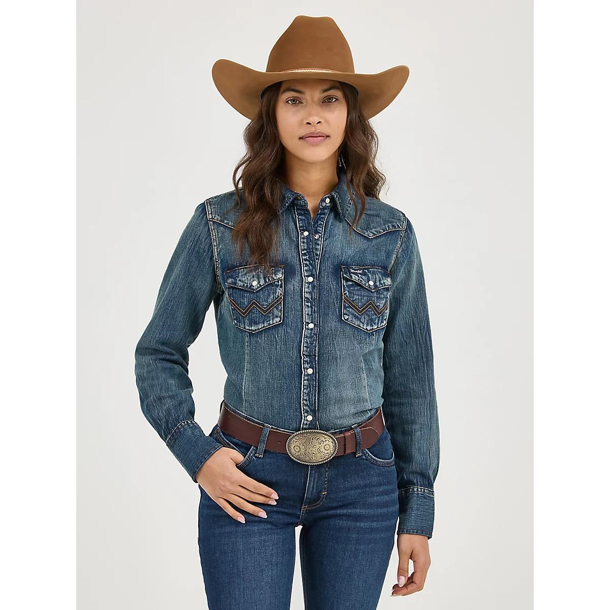Women's Long Sleeve Western Snap Denim Top in Denim Product Image