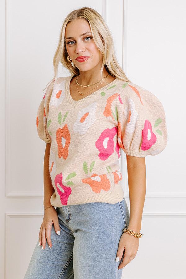Flower Power Knit Sweater Top in Beige Product Image
