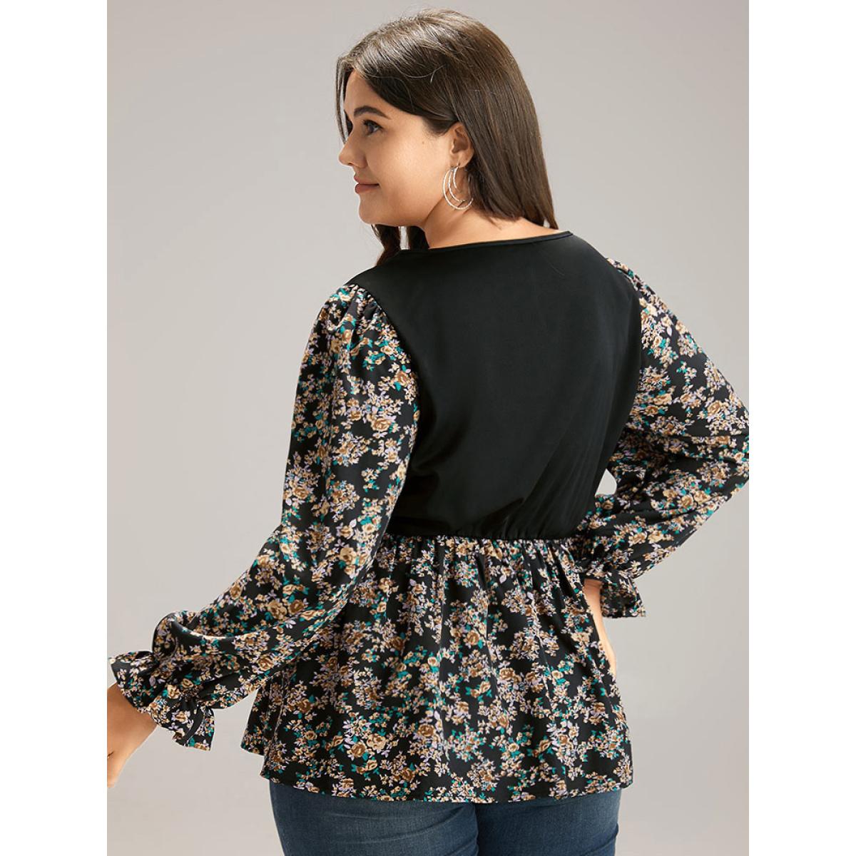 Plus Size Black Ditsy Floral Patchwork Elastic Waist Blouse Women Elegant Long Sleeve V-neck Everyday Blouses BloomChic 18-20/2X Product Image