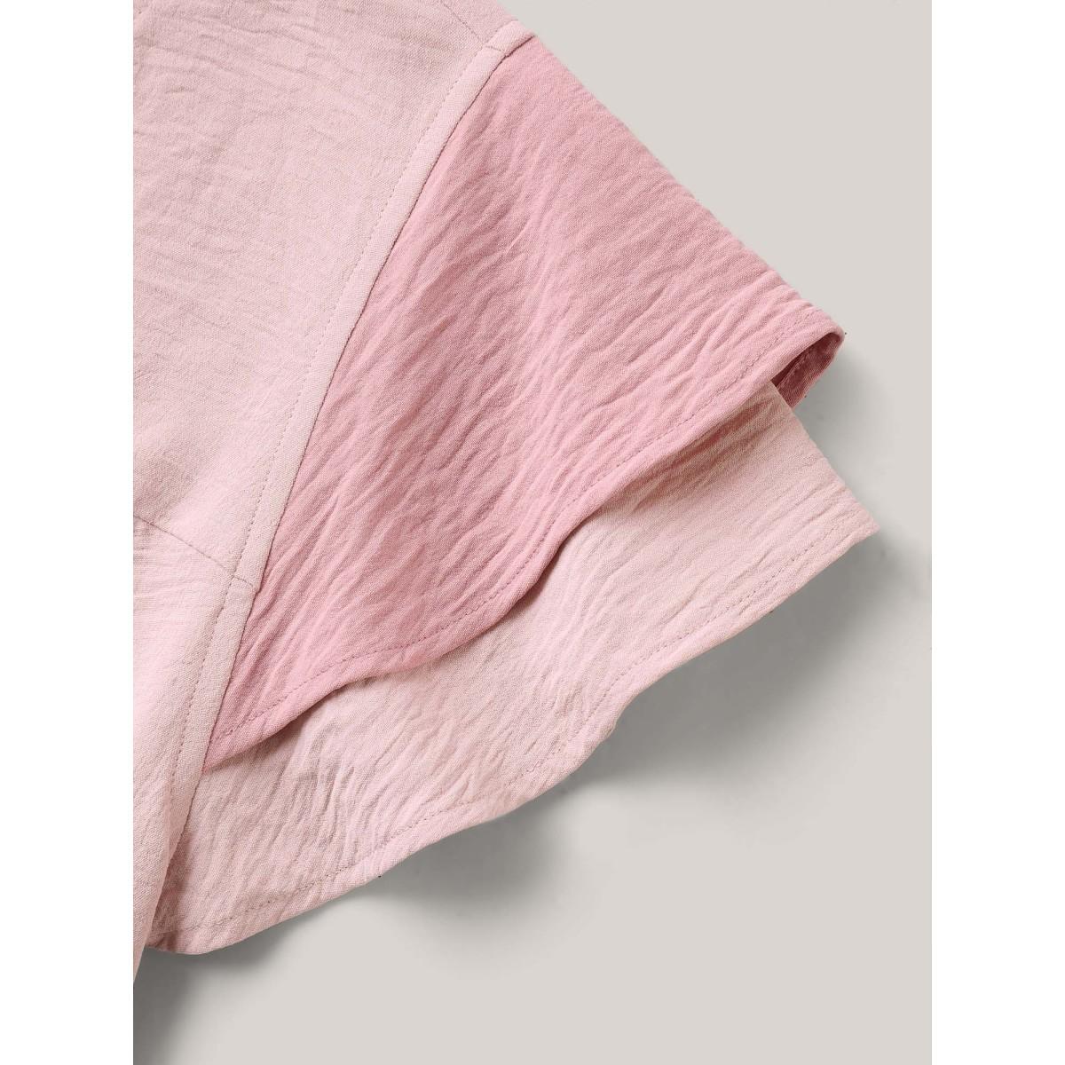 Plus Size Nudepink Color Contrast Ruffled Notched Collar Blouse Women Short sleeve Notched collar Everyday-Elegant Blouses BloomChic 10/M Product Image