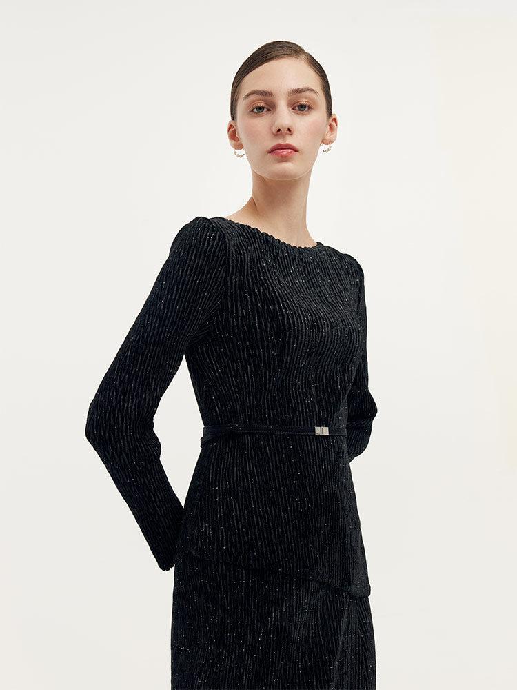 Velvet Glitter Stretch Asymmetrical Hem Top And Skirt Two-Piece Set Wi Product Image