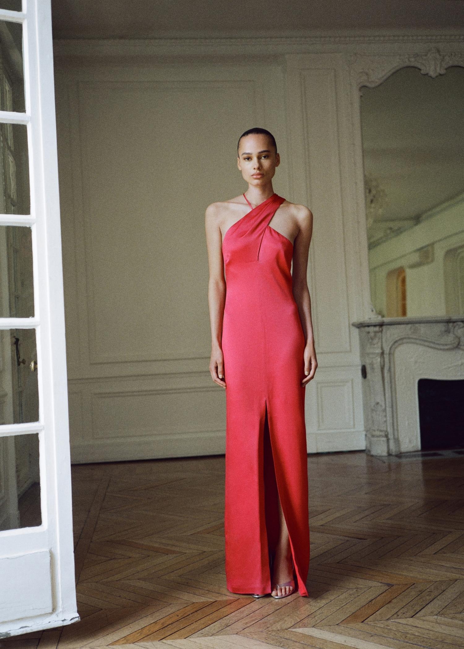 Cross-neckline slit dress - Women | MANGO USA Product Image