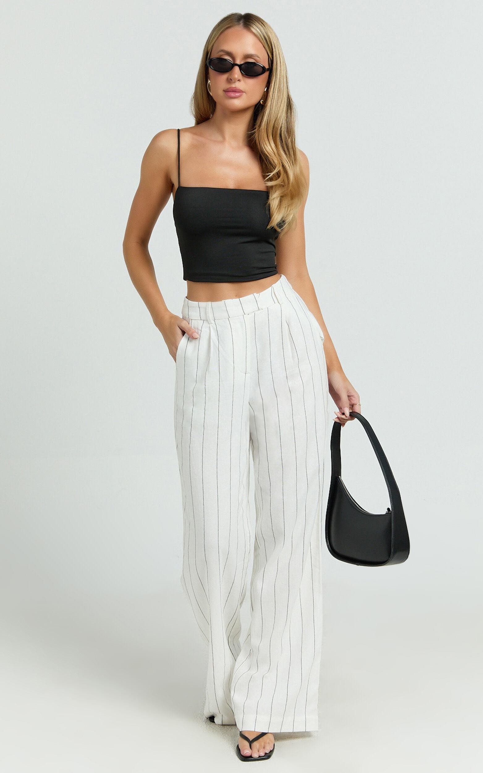 Trixie Pants - High Waist Linen Look Stripe Tailored Pants in Off White Product Image