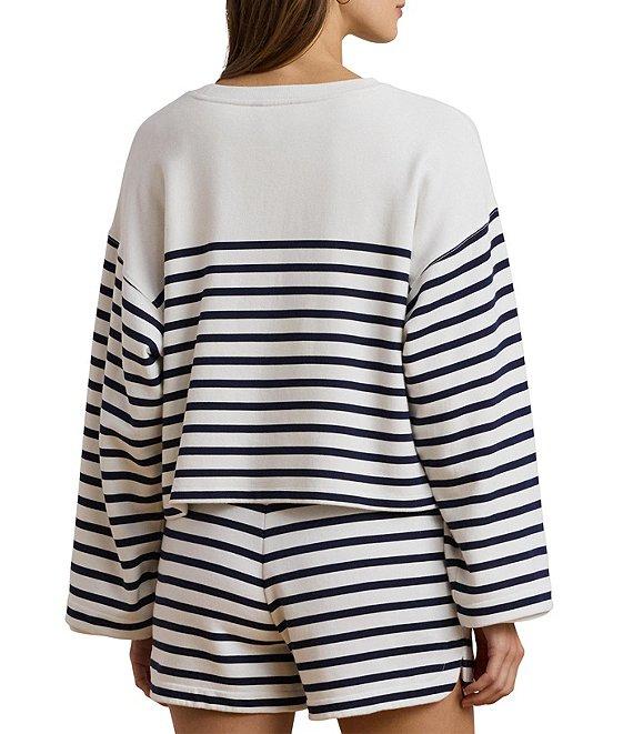 Lauren Ralph Lauren Striped French Terry Embroidered Crew Neck Long Sleeve Cropped Sweatshirt Product Image