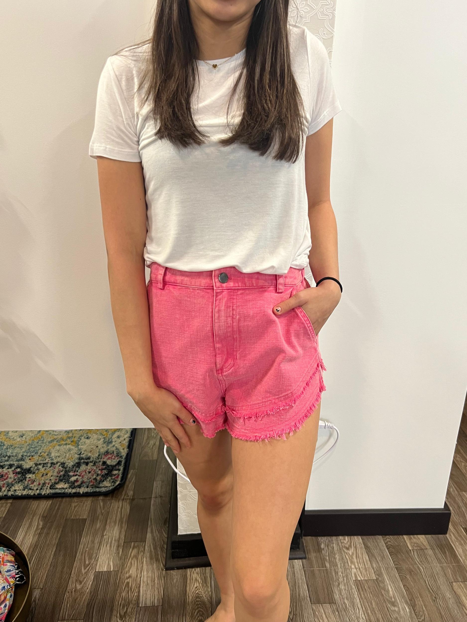 Pink Frayed Layered Washed Cotton Twill Denim Shorts Product Image