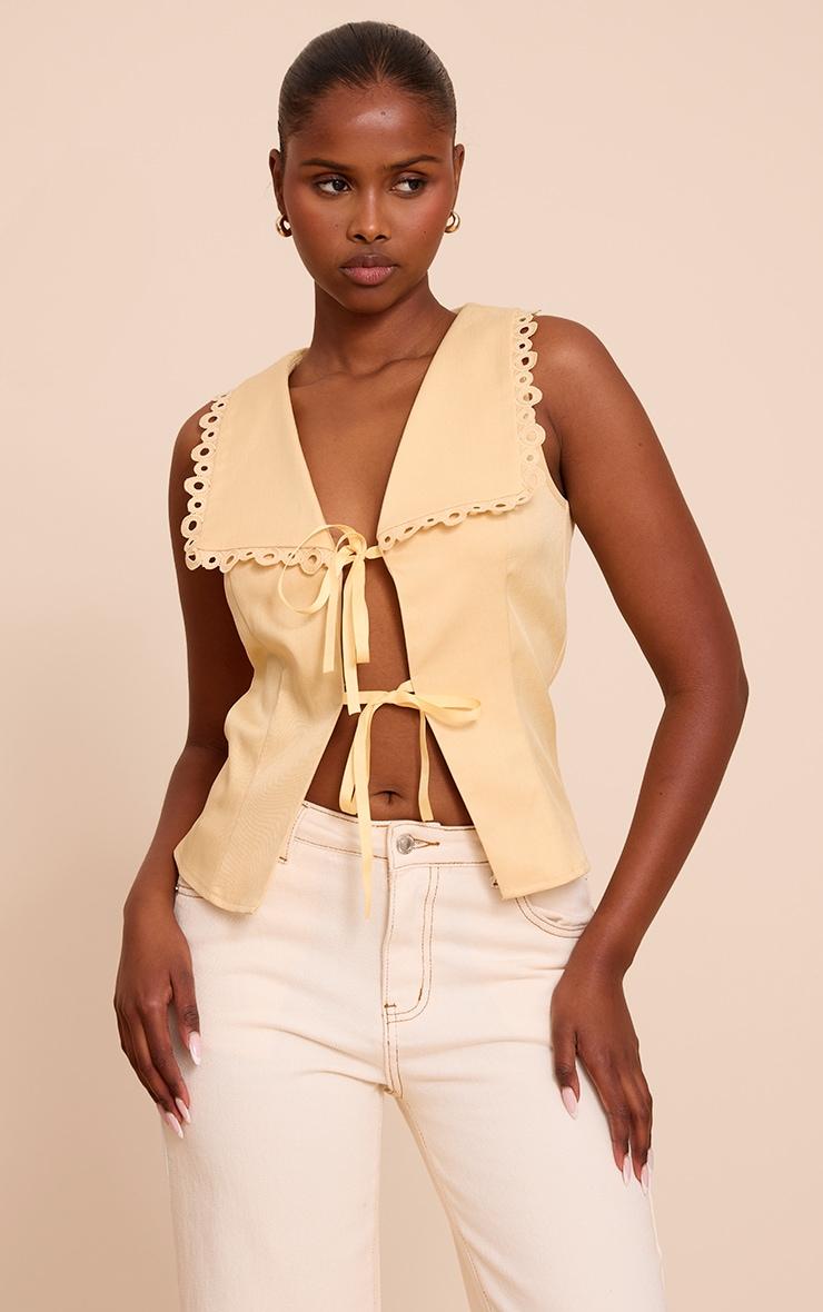 Butter Yellow Lace Trim Detail Tie Up Blouse Product Image