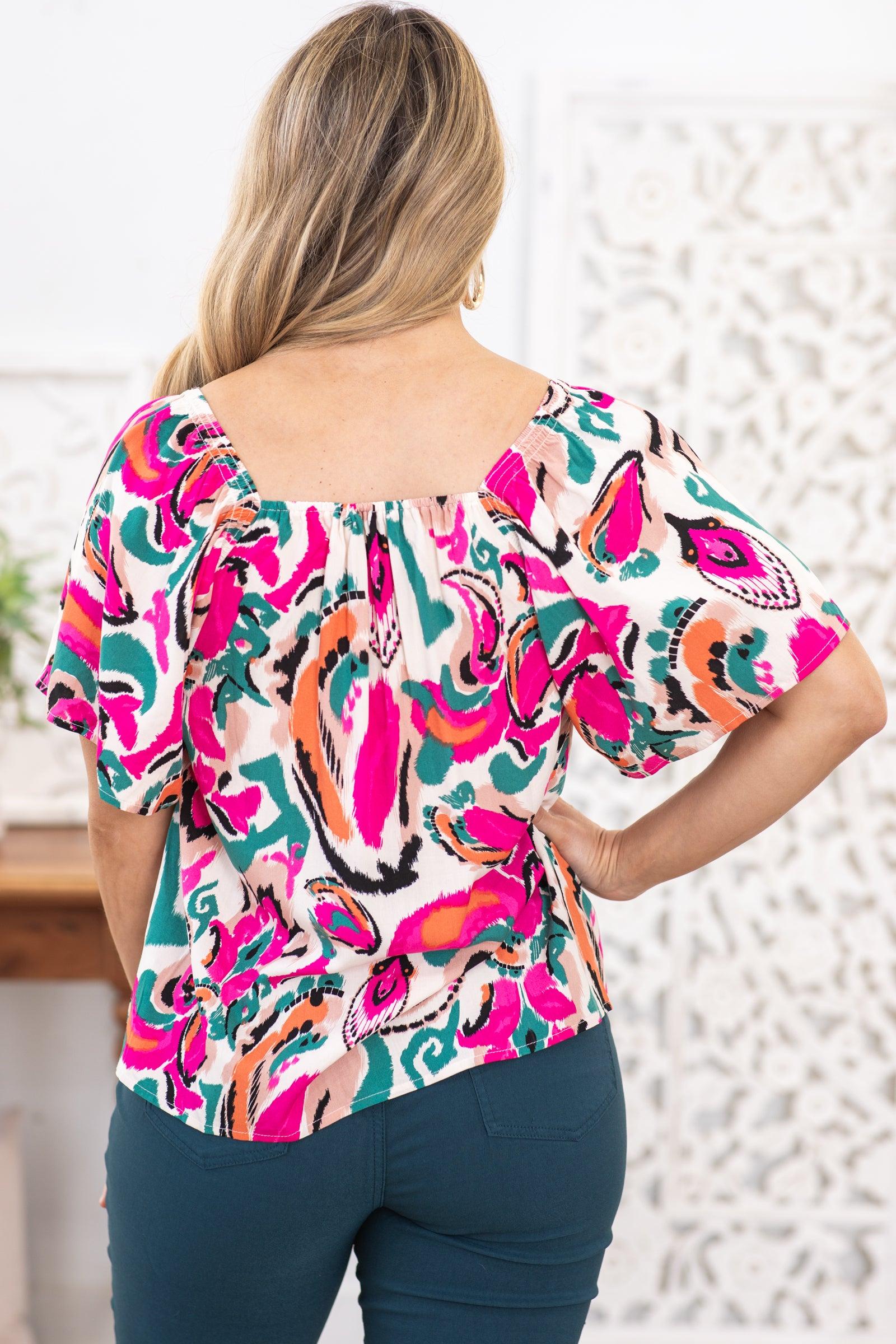 Pink Multicolor Square Neckline Knit Top Product Image