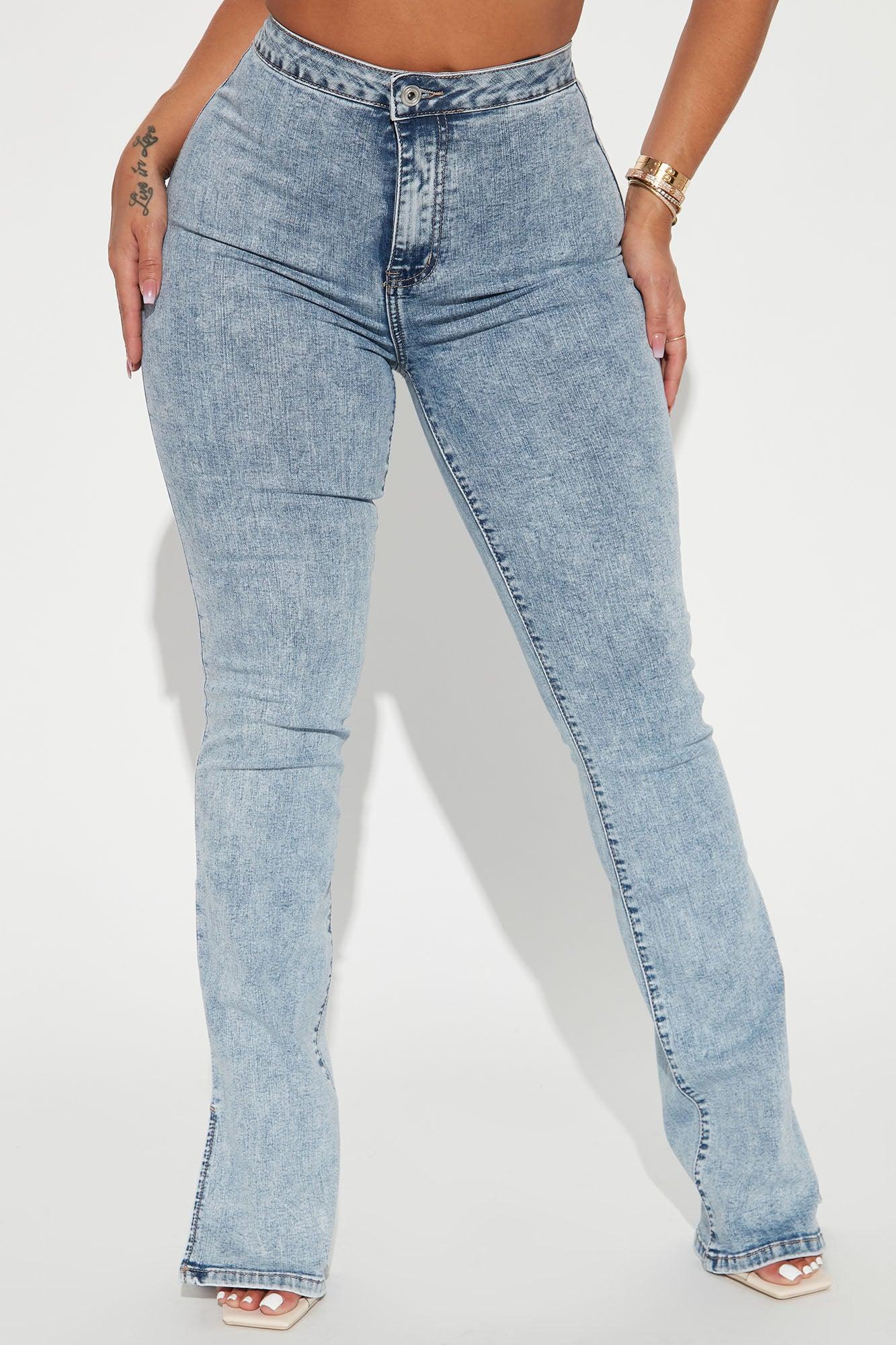 Side Slit Stretch Slim Bootcut Jeans - Acid Wash Denim Product Image
