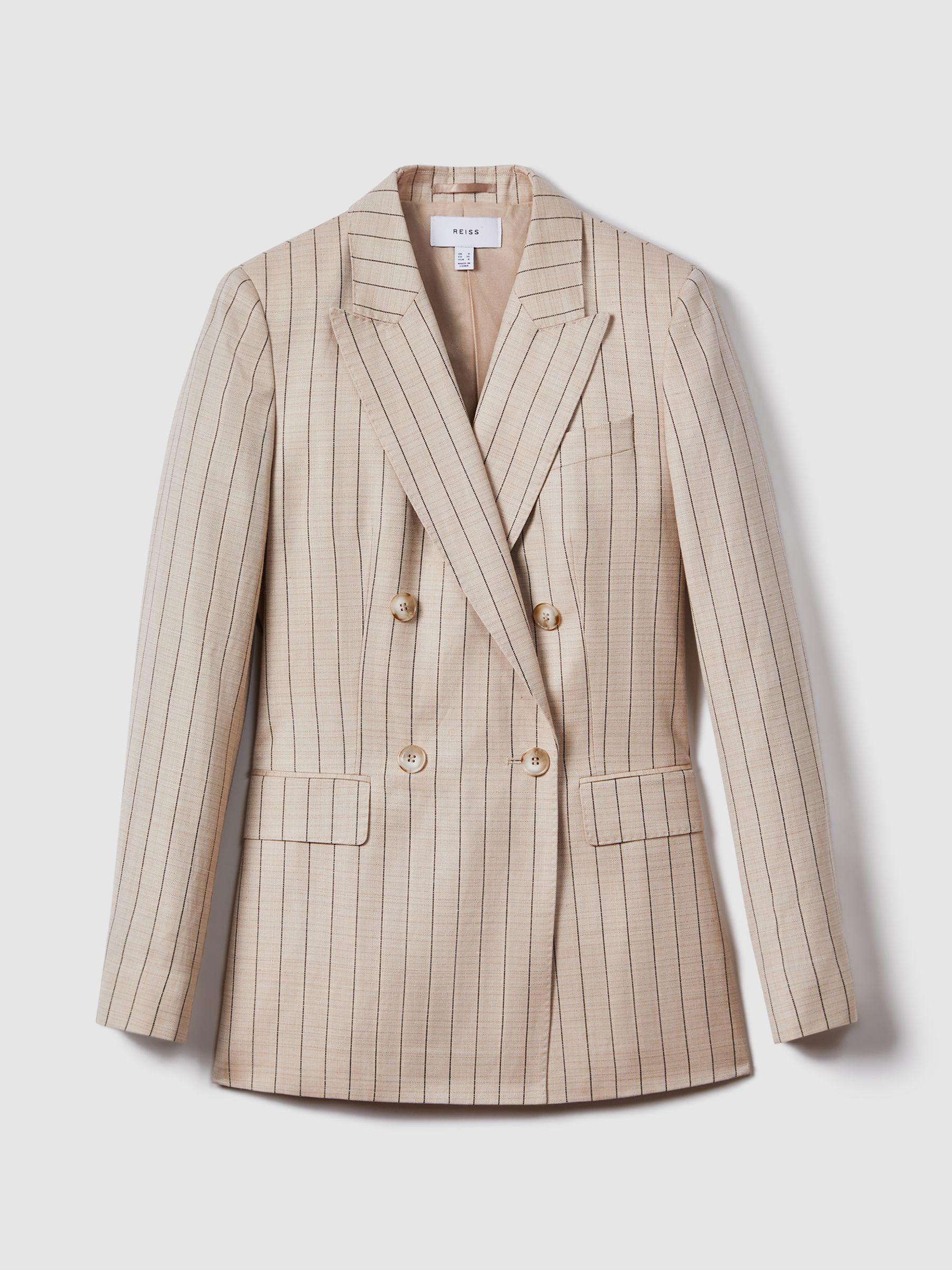 Wool Blend Striped Double Breasted Blazer in Neutral Product Image