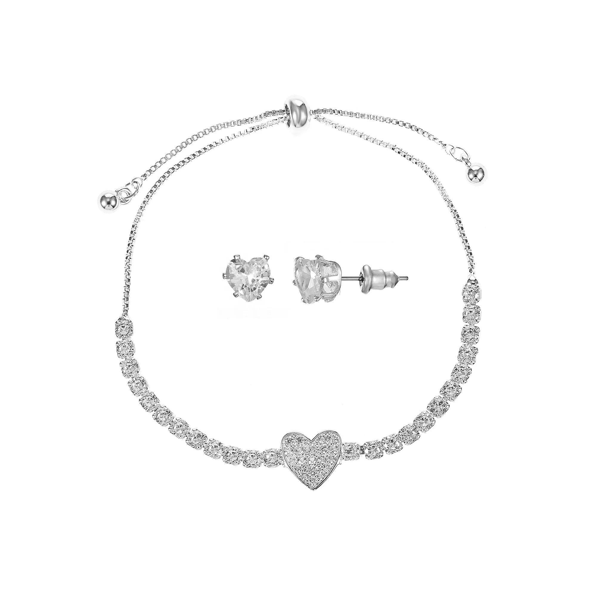 Silver Tone Cubic Zirconia Heart Adjustable Bracelet & Stud Earrings Set, Women's, Size: 4-10" ADJ, Silver Tone Clear Product Image
