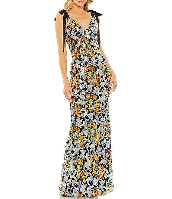 Mac Duggal Floral Sequin Low V Back Bow Tie Strap Detail V-Neck Column Gown Product Image