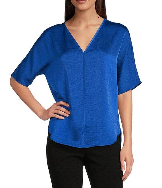 DKNY by Donna Karan Woven V-Neck Short Sleeve Blouse Product Image