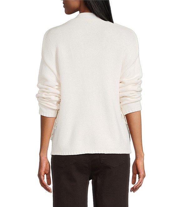 Reba Sage Knit V-Neck Asymmetrical Fringe Long Sleeve Button Down Cardigan Product Image