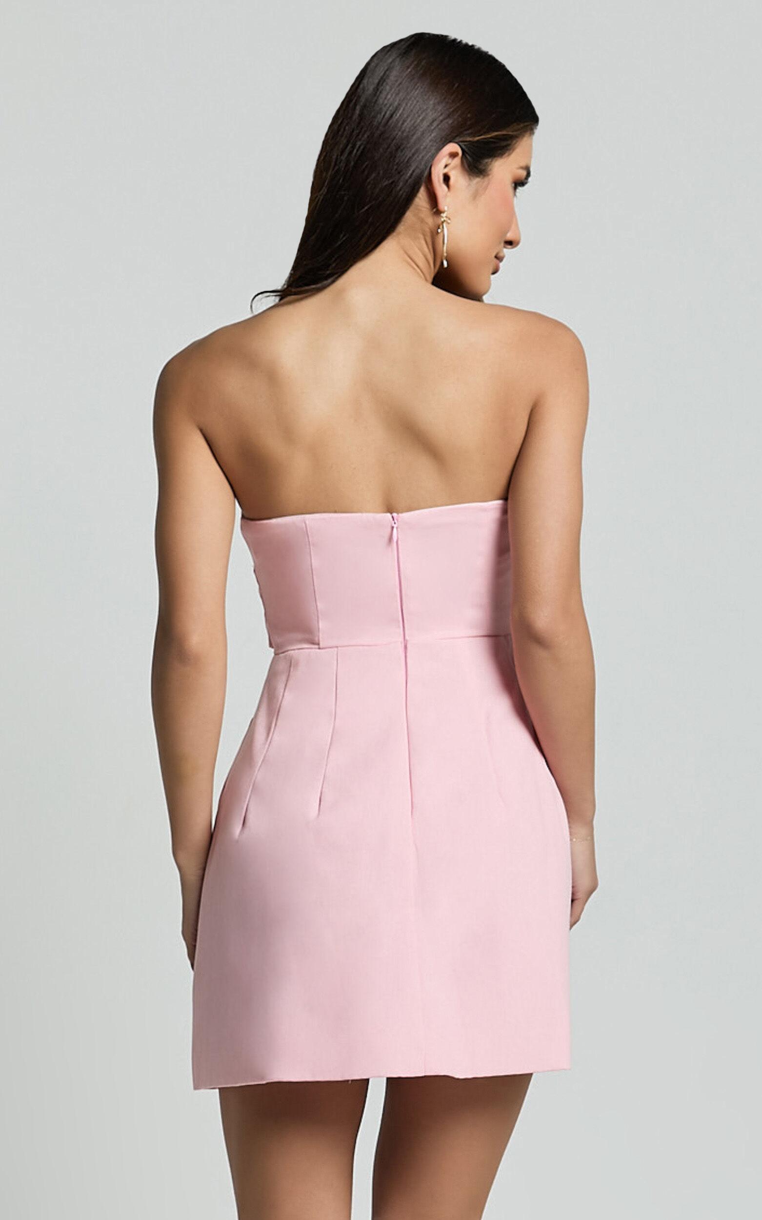 Chika Mini Dress - Linen Strapless Front Bow Dress in Soft Pink Product Image