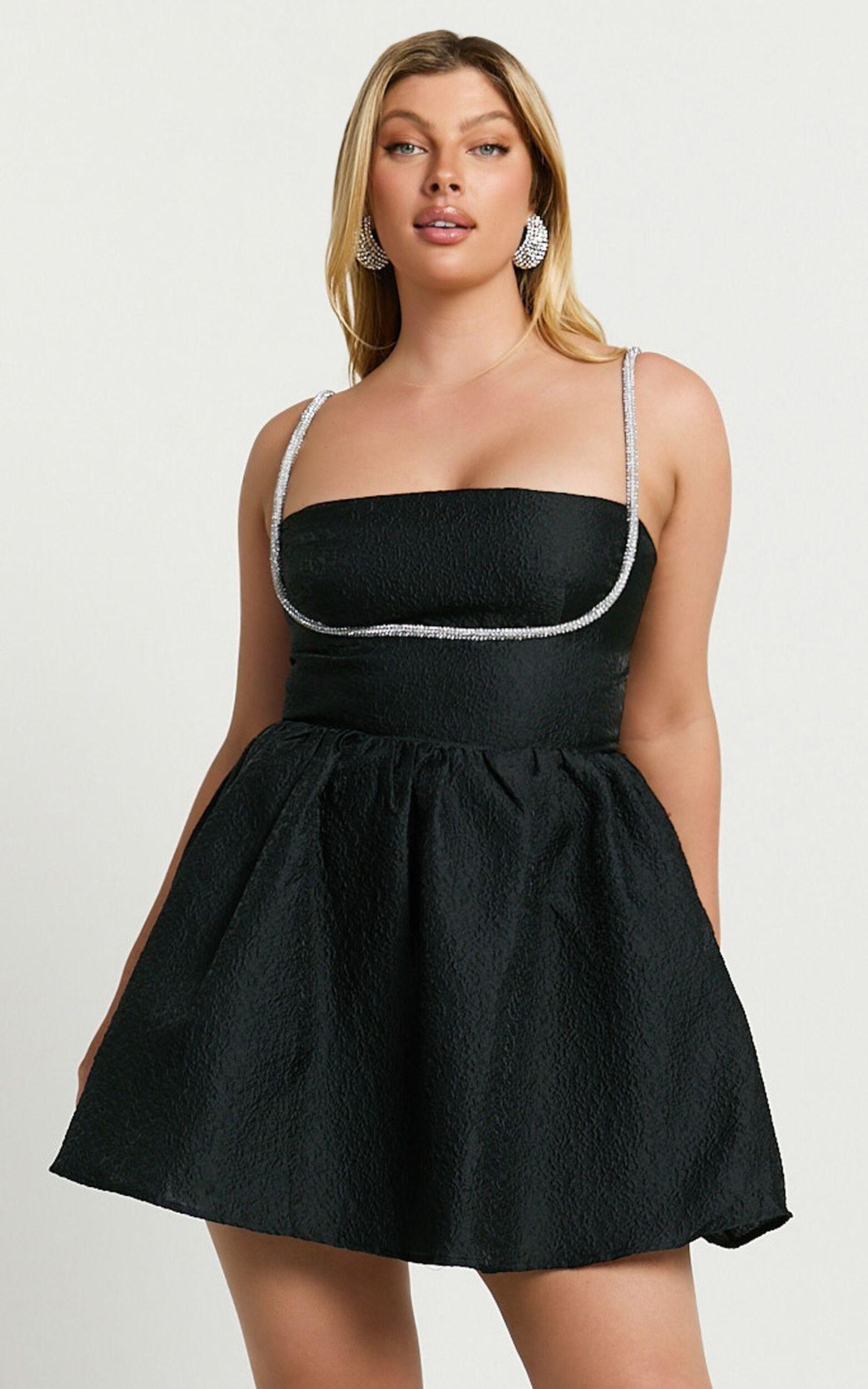 Cora Mini Dress - Diamante Detail Textured Mini Dress in Black Product Image