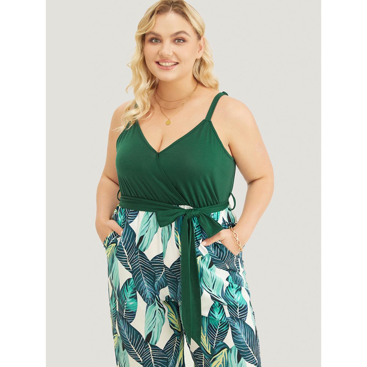 Plus Size DarkGreen Tropical Patchwork Surplice Neck Pocket Belt Cami Jumpsuit Women Vacation Sleeveless Spaghetti Strap Dailywear Loose Jumpsuits BloomChic 18-20/2X Product Image