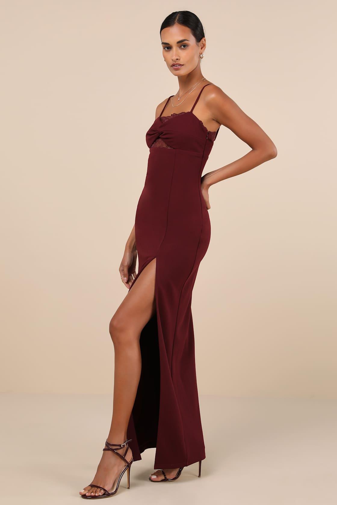 Exceptional Stunner Plum Purple Lace Twist-Front Maxi Dress Product Image