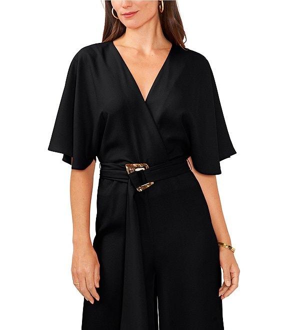 Vince Camuto Crinkle Twill V-Neck Short Sleeve Belted Wide Leg Jumpsuit Product Image