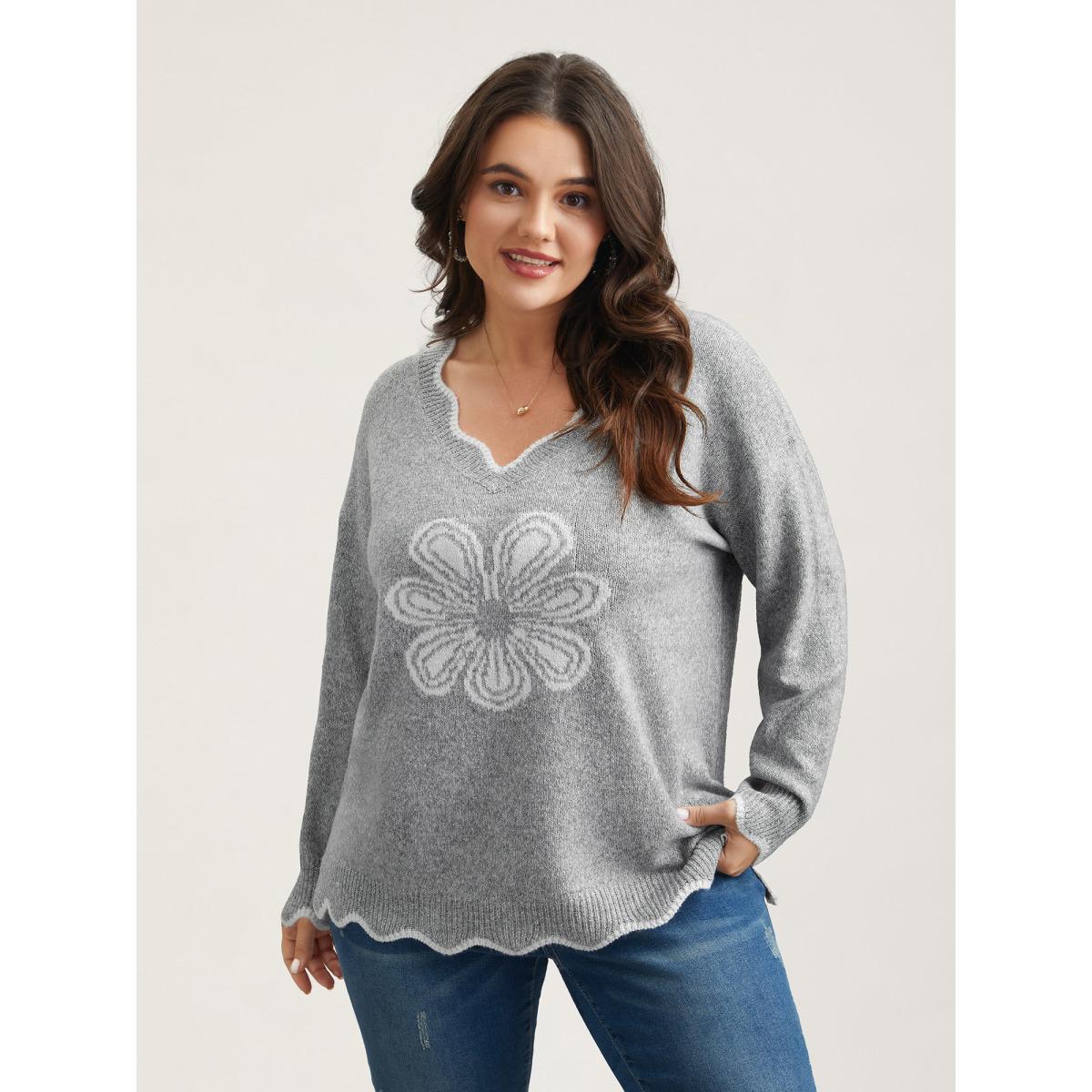 Plus Size Floral Print Jacquard V-Neck Pullover DarkGray Women Casual Loose Long Sleeve V-neck Everyday Pullovers BloomChic 10/M Product Image