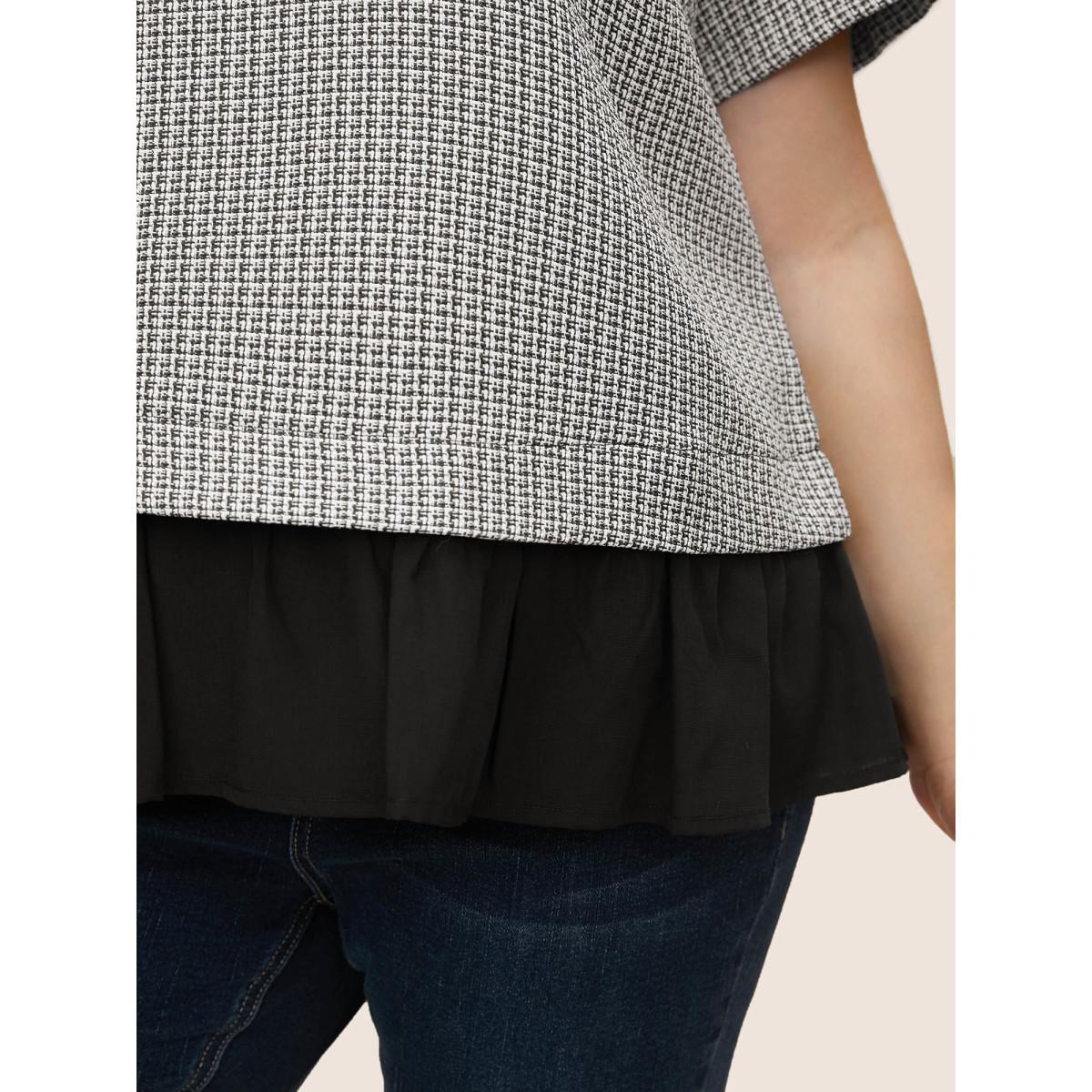 Plus Size Black Tweed Patchwork Ruffle Hem Blouse Women At the Office Short sleeve Round Neck Work Blouses BloomChic 18-20/2X Product Image